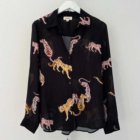 L'AGENCE BLACK MULTI SILK TIGER PRINT SHIIRT SIZE S/P NWOTS! - Picture 1 of 15